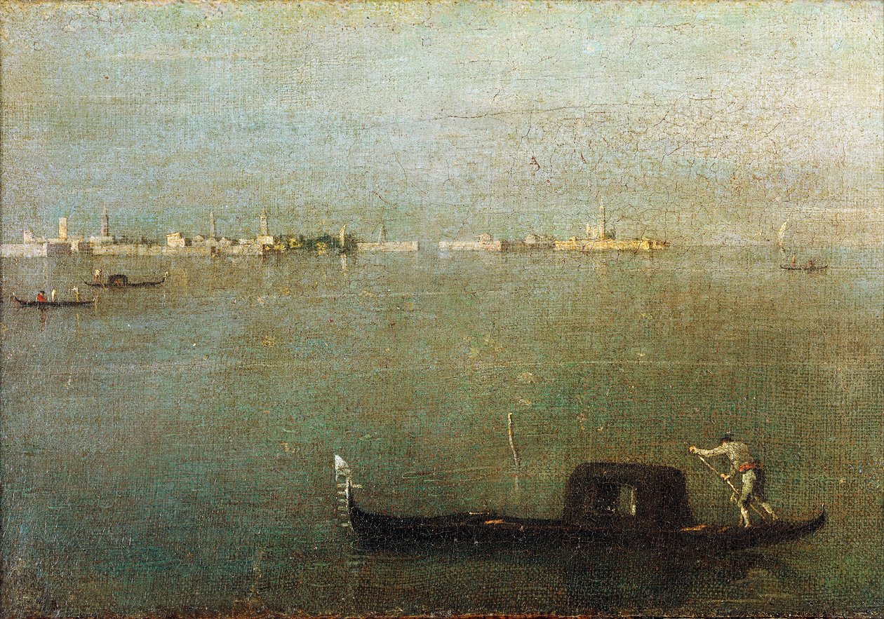 Gondola on Lagoon, Grey Lagoon ca. 1765 (olje på lerret) av Francesco Guardi