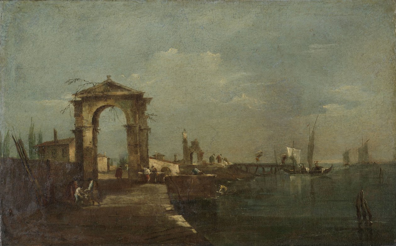 Landskap med kai og skip på en innsjø av Francesco Guardi