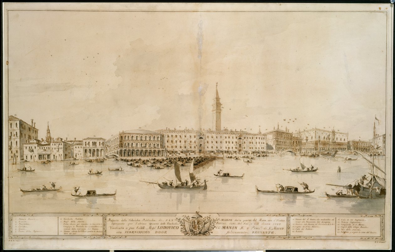 Panorama over Venezia fra Bacino di San Marco, inkludert prosjektet til det foreslåtte Teatro Manin av Francesco Guardi