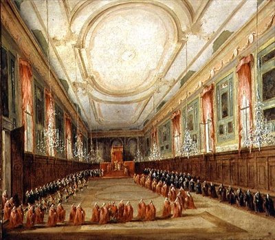 Pave Pius VI (1717-99) og Doge Paolo Renier i SS-kirken. Giovanni og Paolo (olje på lerret) av Francesco Guardi