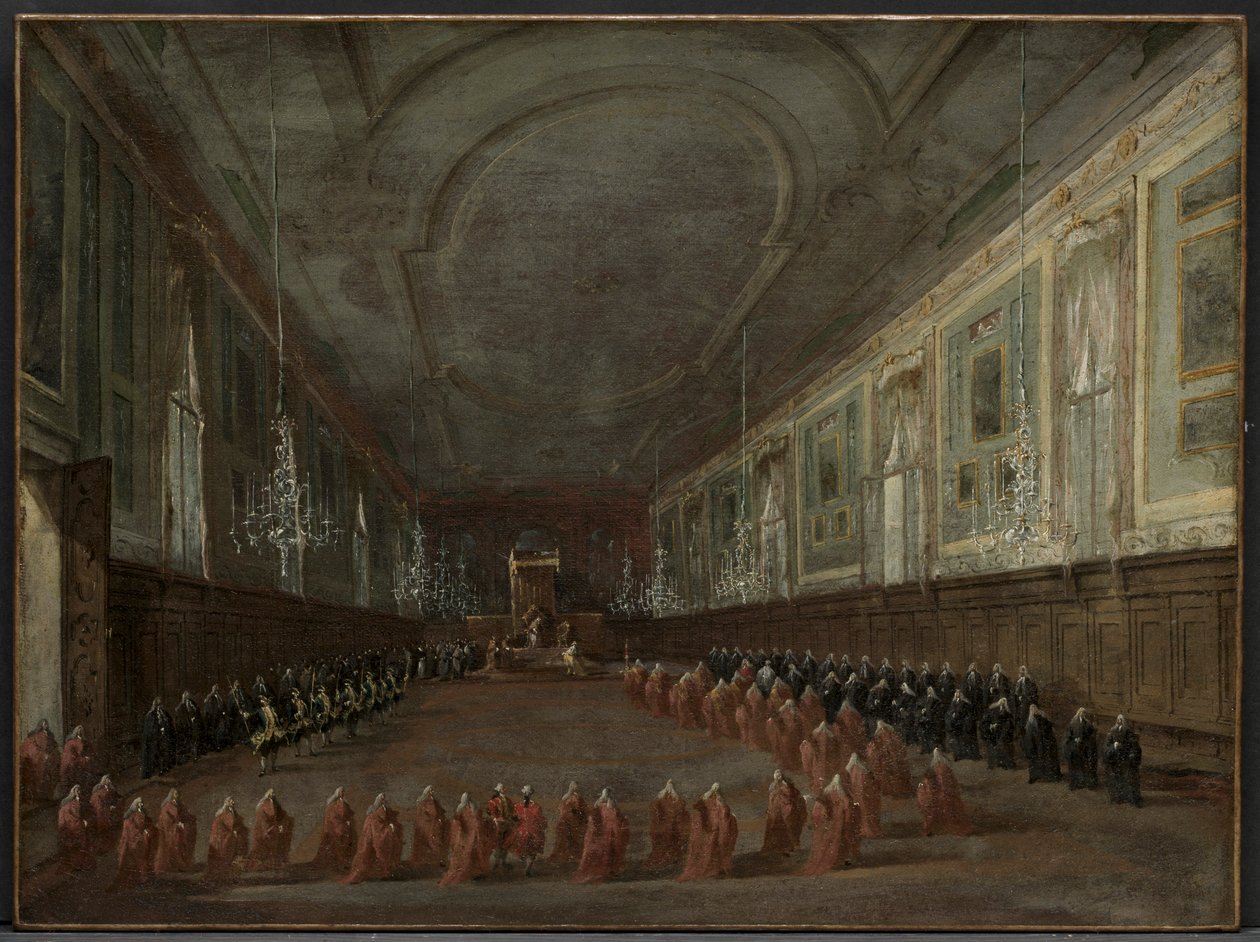 Pave Pius VI stiger ned tronen for å ta avsked med dogen i hallen ..., ca. 1783. av Francesco Guardi