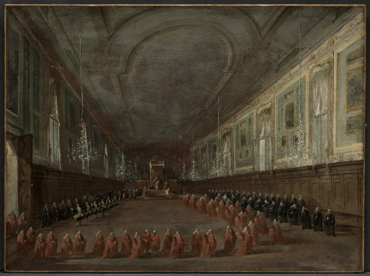 Pave Pius VI stiger ned tronen for å ta avskjed med dogen i SS-hallen. Giovanni e Paolo, 1782 av Francesco Guardi