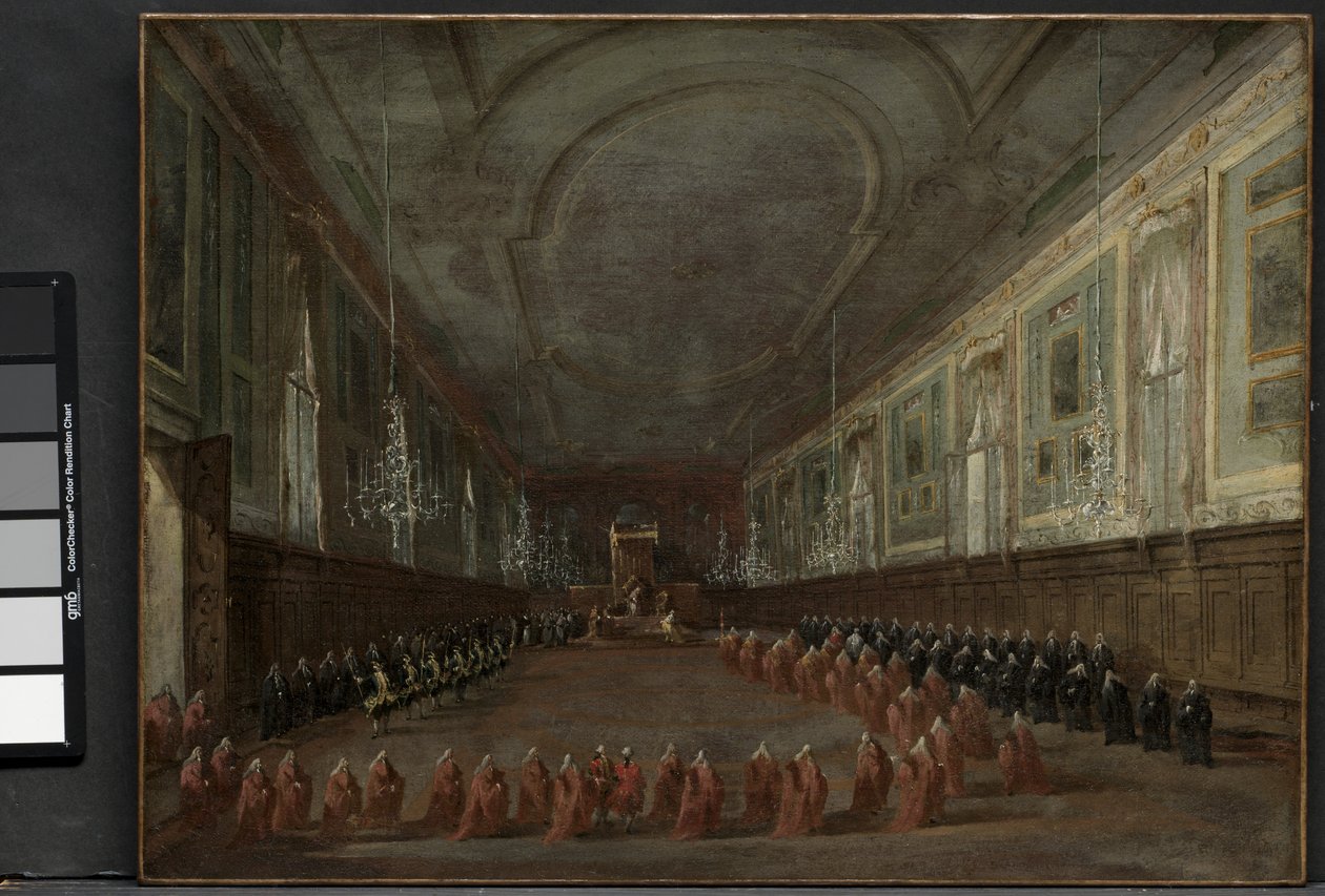 Pave Pius VI stiger ned tronen for å ta avskjed med dogen i SS-hallen. Giovanni e Paolo, 1782 og pavelig seremoni i SS. Giovanni e Paolo, Venezia, 1782, ca. 1783 av Francesco Guardi