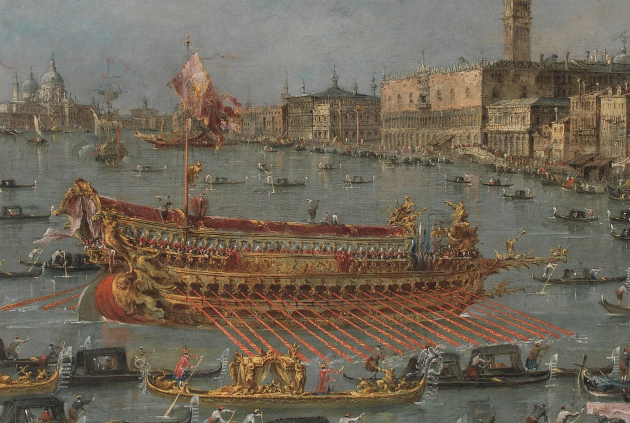 Bucintoro-festivalen i Venezia. Bacino di S. Marco med Bucintoro, Doges State Barge, på Kristi himmelfartsdag (detaljer), 1780-93 av Francesco Guardi