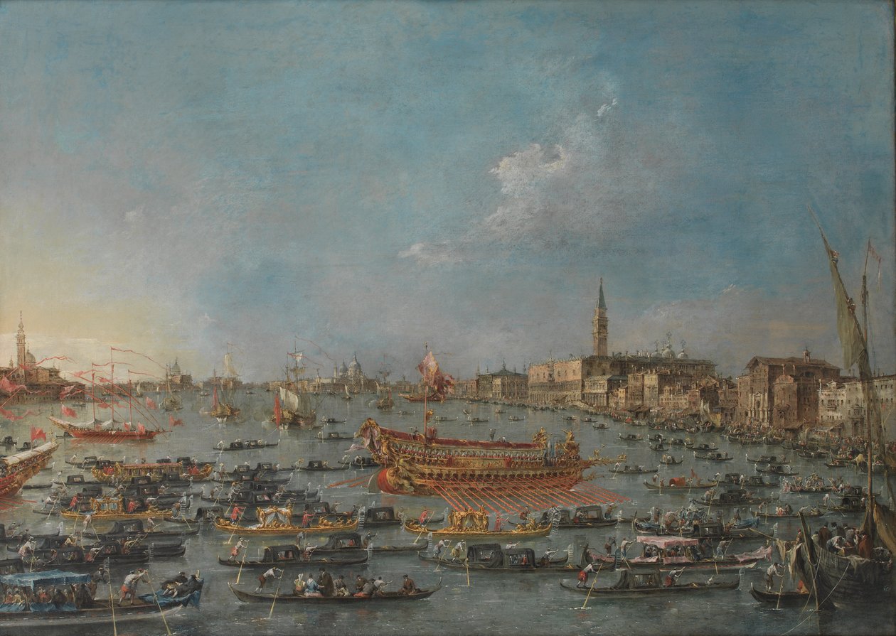 Bucintoro-festivalen i Venezia. Bacino di S. Marco med «Bucintoro», Doge's State Barge, på Kristi Himmelfartsdag av Francesco Guardi