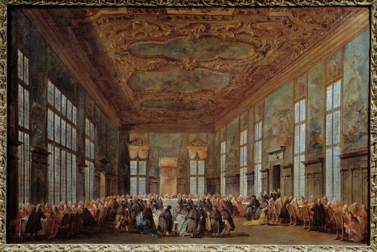 Dogen av Venezia Alvise IV Mocinego (1701-1778) tilbyr frokost til ambassadører Maleri av Francesco Guardi (1712-1793) 1700-talls søn. 0,67x1,01 m Nantes, Museum of Fine Arts av Francesco Guardi