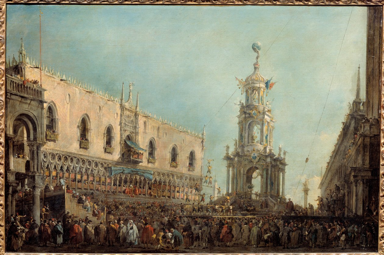Dogen av Venezia deltar på Gras-torsdagsfeiringen på Piazzetta di San Marco Doge Alvise IV Mocenigo (1701-1778) deltar på akrobatiske forestillinger fra balkongen til Dogepalasset. Maleri av Francesco Guardi (1712-1793) 1766-1770 Søn. 0,67x1 m av Francesco Guardi