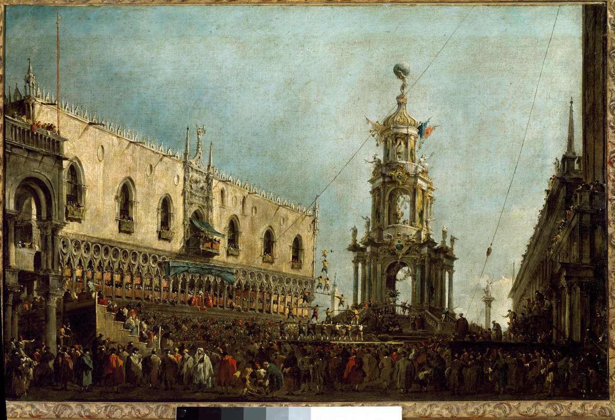 Dogen av Venezia deltar på fastelavnsfeiringen på Piazzetta di San Marco (olje på lerret av Francesco Guardi