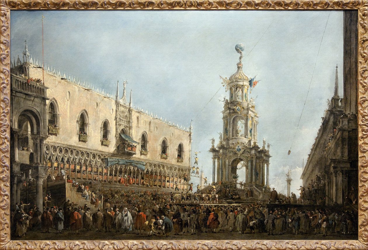 Dogen av Venezia deltar på festene torsdag Gras på Piazzetta di San Marco, dogen er til venstre, under den sentrale arkaden til Dogepalasset, ved siden av et ephemere-monument reist på Piazzetta, står en menneskelig pyramide fra en turnkonkurranse av Francesco Guardi