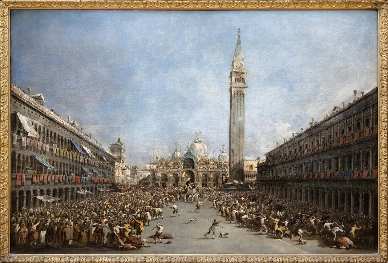 Dogen av Venezia bærer av gondolierene etter hans valg til Markusplassen (San Marco) (utsikt over Markusbasilikaen og klokketårnet), oljemaleri av Francesco Guardi (1712-1792). Fotografi, KIM Youngtae, Grenoble, Musee de Grenoble. av Francesco Guardi