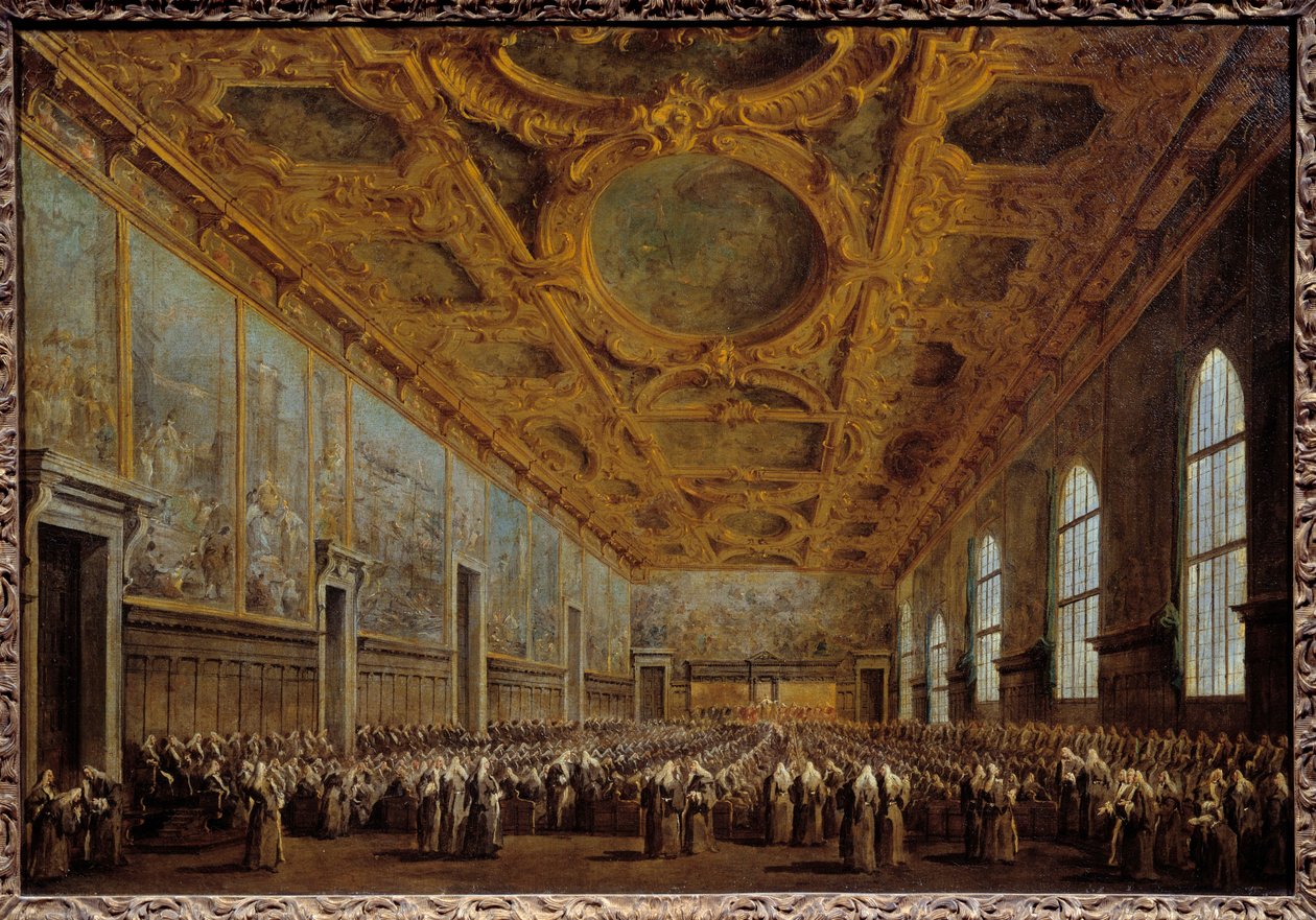 Dogen av Venezia takker Major Council. Scenen finner sted ved Dogepalasset på San Marco-plassen i Venezia. Maleri av Francesco Guardi av Francesco Guardi