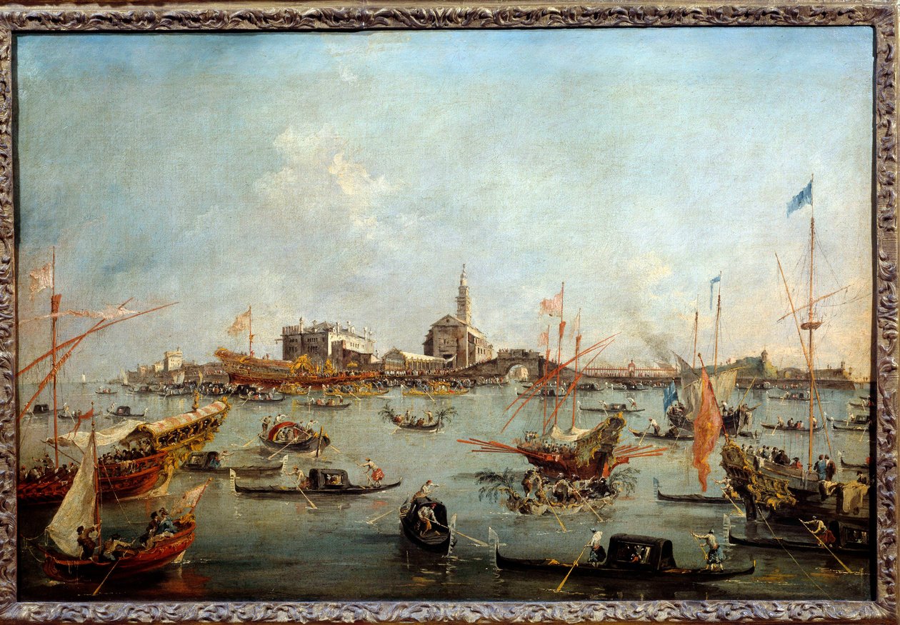 Dogen på Bucentaurus (Bucentoro) i San Nicolo i Venezia på Kristi himmelfartsdag Dette er sannsynligvis Doge Alvise IV Mocenigo (1763-1778). Maleri av Francesco Guardi (1712-1793) 1775-1780 Søn. 0,67x1m av Francesco Guardi
