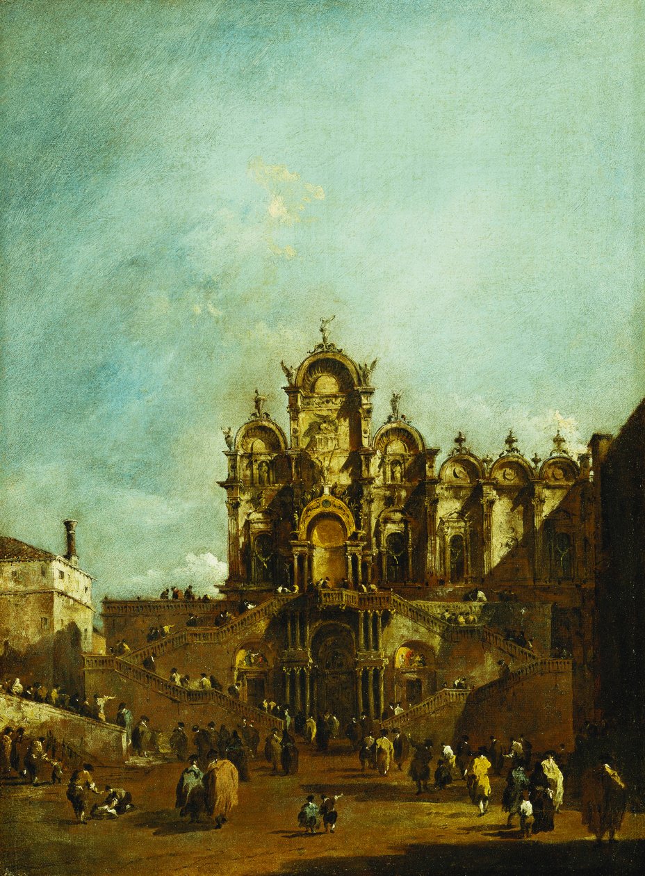 Loggiaen reist i Campo San Zanipolo, Venezia, foran Scuola di San Marco for velsignelsen til pave Pius VI i 1782, av Francesco Guardi