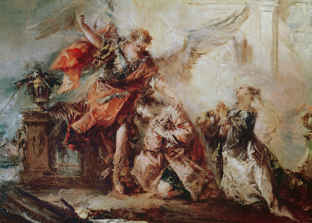 The Marriage of Tobias, detalj om ekteparet Sara og Tobias før Rafaels mellomledd takket Gud, ca. 1750 av Francesco Guardi