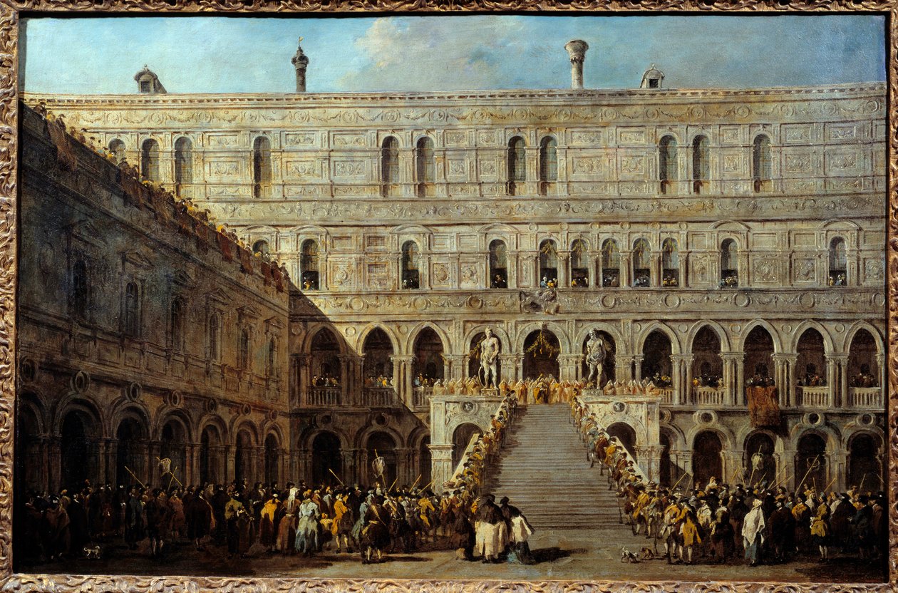 Kroningen av dogen av Venezia på trappen til kjempene ved hertugpalasset. Maleri av Francesco Guardi (1712-1793), mellom 1766 og 1770. h/t 0,67 x 1,01m. av Francesco Guardi