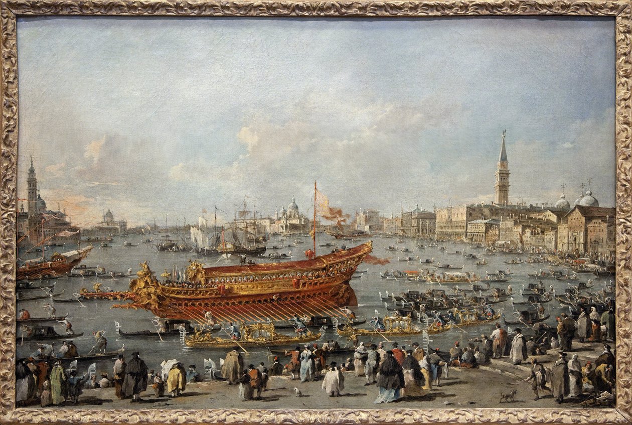 Starten av Bucentaurus (Bucentoro) mot Lido av Venezia på Kristi Himmelfartsdag, Doge deltar i den store begivenheten av Kristi Himmelfartsfeiringen, bryllupet til Venezia med Adriaterhavet til minne om erobringen av Dalmatia på 1300-tallet av Francesco Guardi