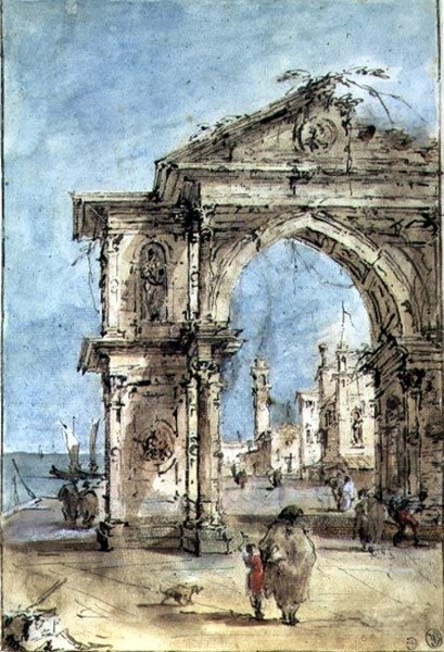 Triumfbue på bredden (penn og brunt blekk, vask, akvarell, forsterket med hvitt) av Francesco Guardi