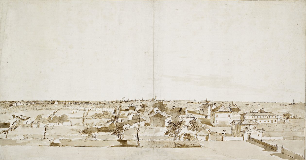 Utsikt over hagen til Villa Loredan (penn og brunt blekk med brun vask på hvitt papir) av Francesco Guardi