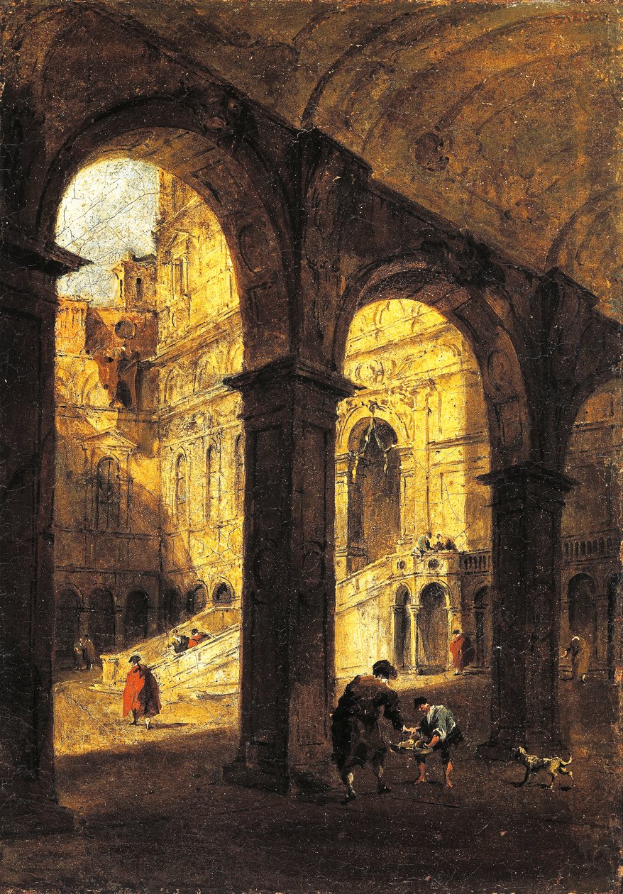 Utsikt over gårdsplassen til Palazzo Ducale og kjempetrappen (Scala dei Giganti), i Venezia, ca 1780, av Francesco Guardi (1712-1793), olje på lerret, 26x39 cm. av Francesco Guardi