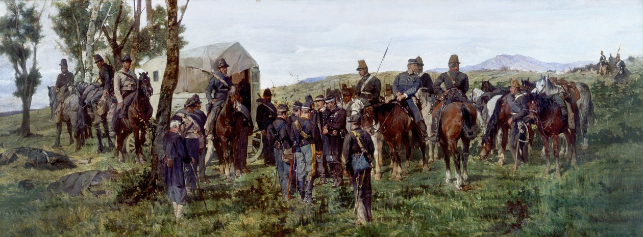 Episode fra slaget ved Custoza: Den sårede prins Amedeo blir eskortert til en ambulanse av Francesco Hayez