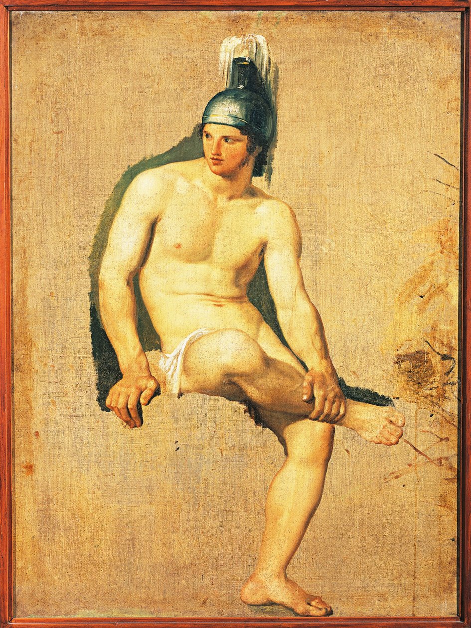 Studie av naken kriger sittende med hjelm på hodet, av Francesco Hayez, olje på lerret av Francesco Hayez