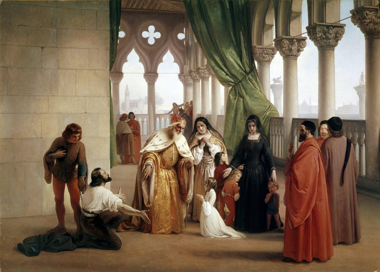 The Two Foscari: Francesco Foscari, doge av Venezia som forviser sønnen Jacopo på siktelse for forræderisk korrespondanse mens han var i eksil (olje på lerret, ca. 1852) av Francesco Hayez