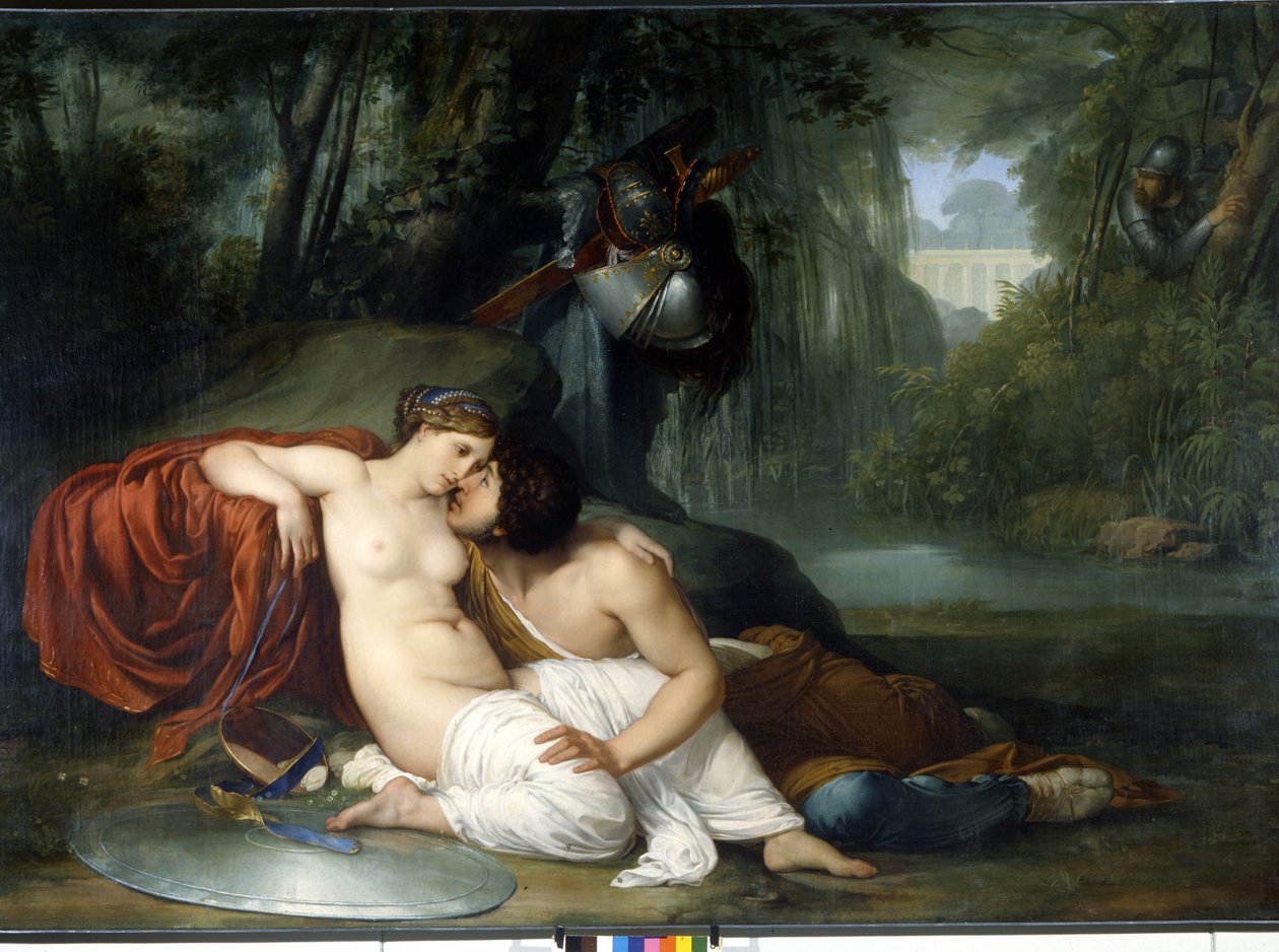 Kjærligheten til Renaud og Armide Illustrasjon av en scene av "La Jerusalem delivree" (La gerusalemme liberata) av Torquato Tasso (kjent som kruset). Den fortryllende Armide omgitt av svært symbolske Amours-seduiter ved hjelp av hans magiske speil, riddere av Francesco Hayez
