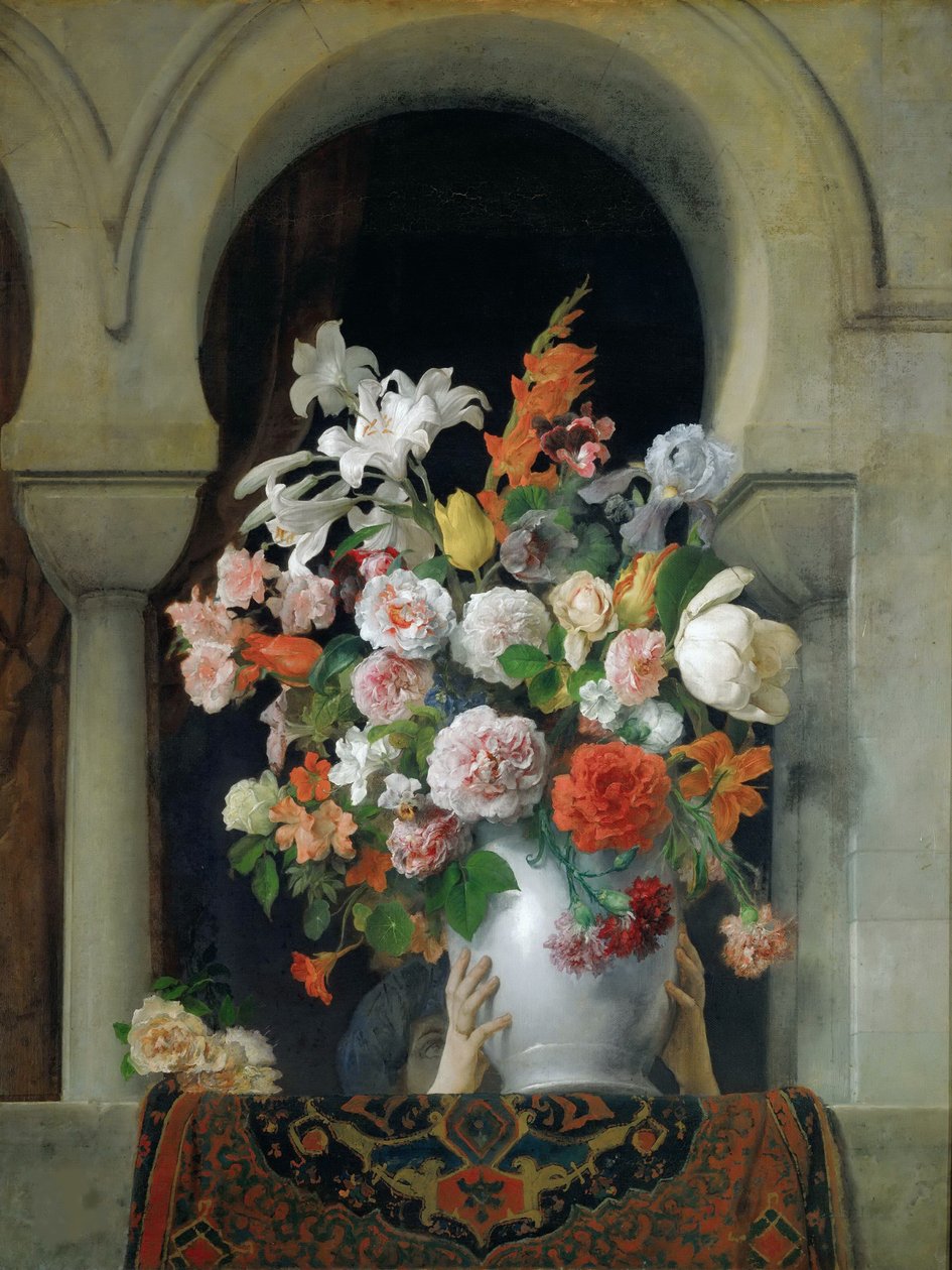 Vase med blomster på vinduet til et harem, 1881. av Francesco Hayez
