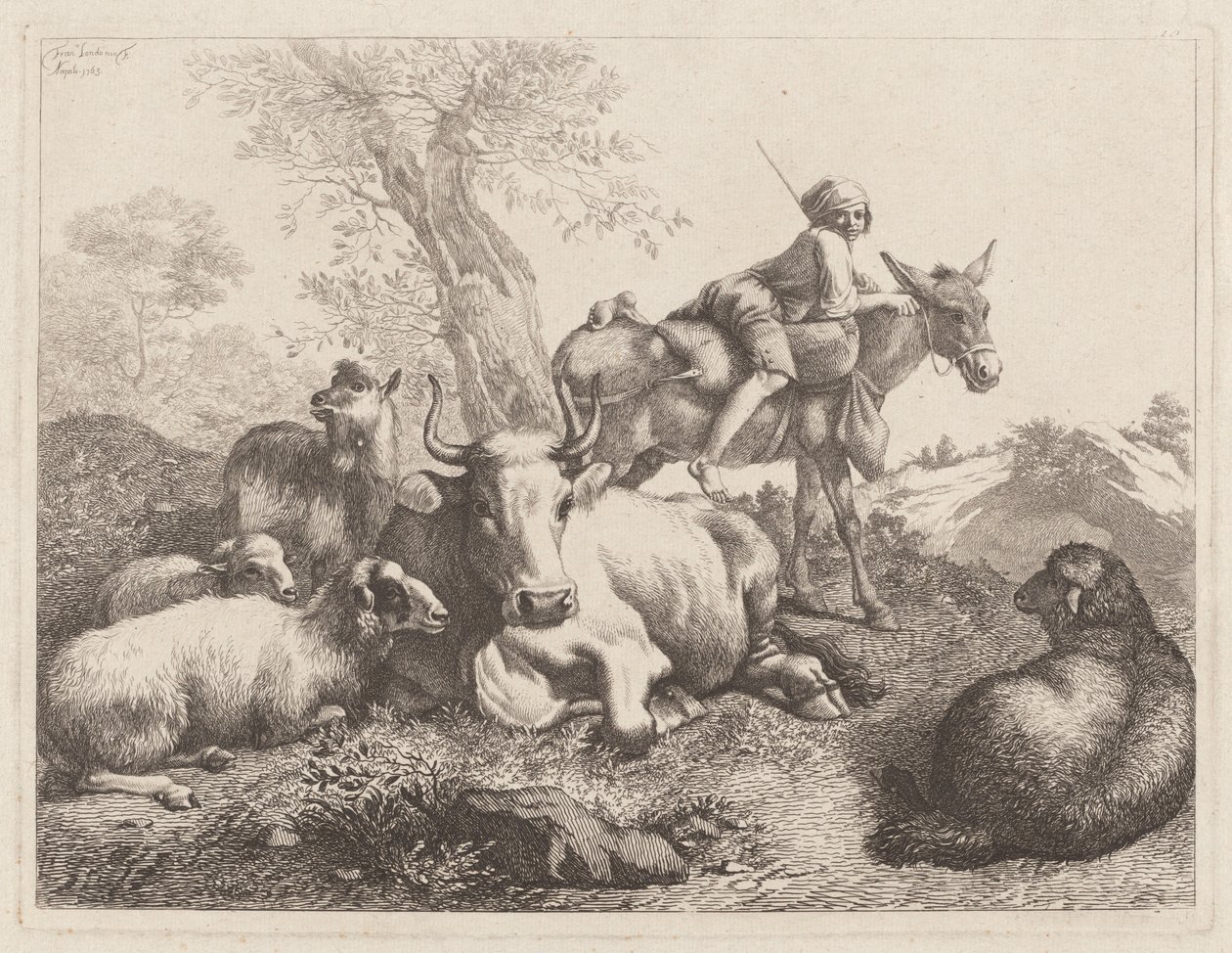 Gutt på et esel som passer på en gruppe dyr, 1763. av Francesco Londonio