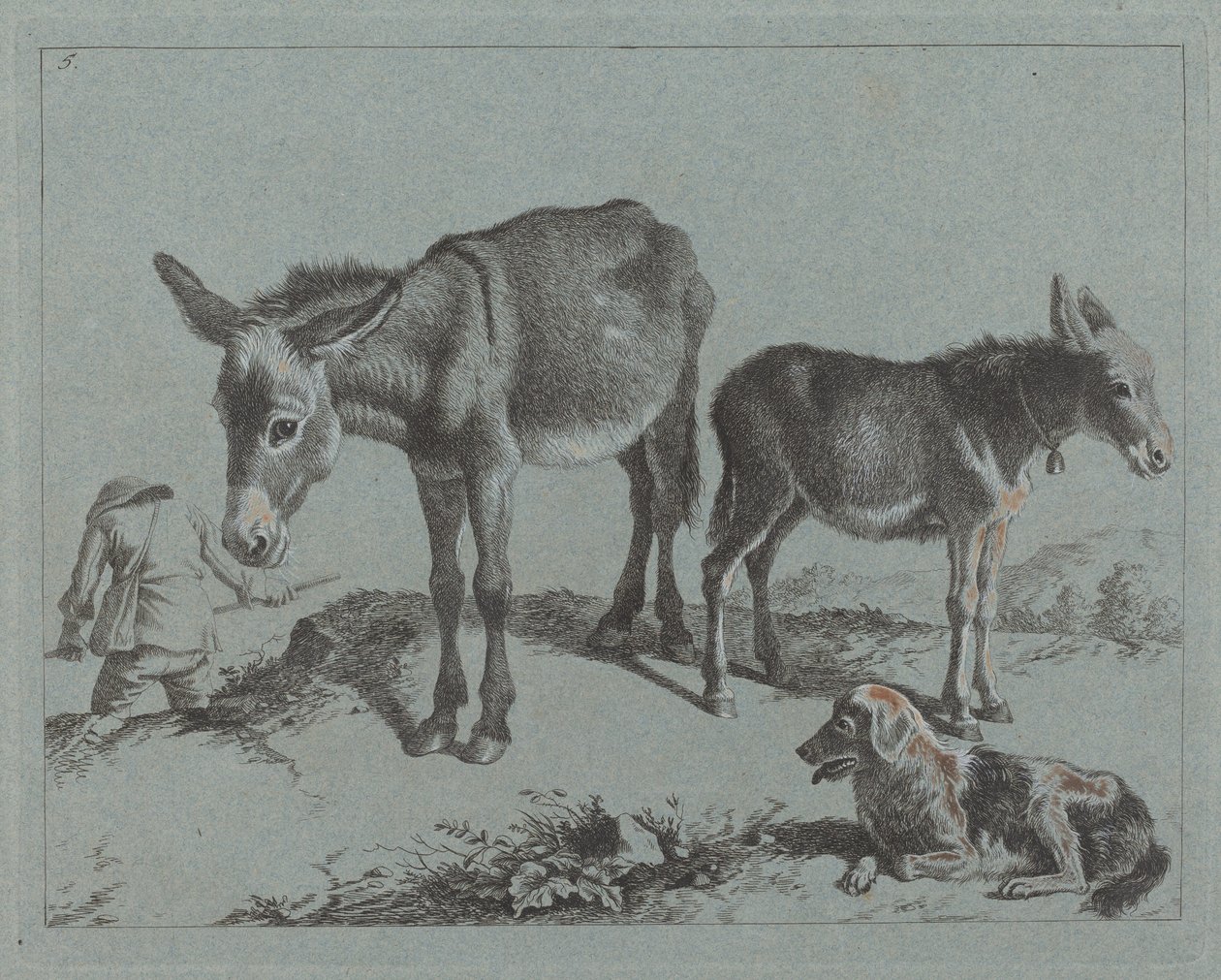 Esel med føllet sitt, en hund og en bondemann, 17621763. av Francesco Londonio