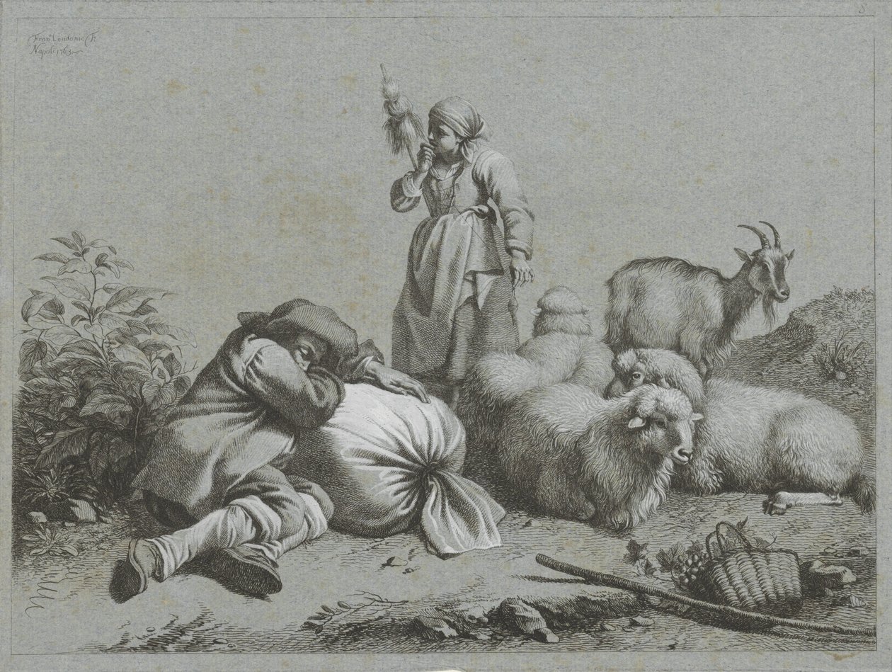 Hyrde og gjeterinne med sau og geit Shepherd-scener (serietittel) av Francesco Londonio