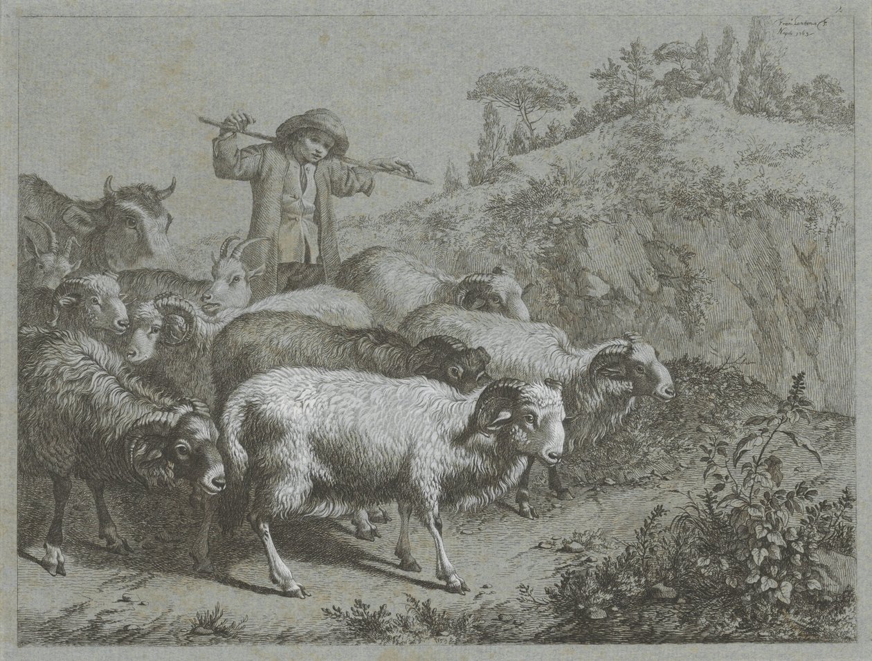 Gjeter med værer, geiter og ku Shepherd-scener (serietittel) av Francesco Londonio
