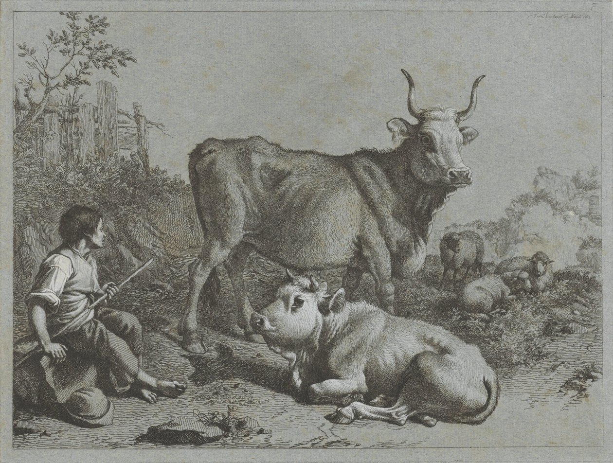 Gjetergutt med to okser og tre sauer Shepherd-scener (serietittel) av Francesco Londonio