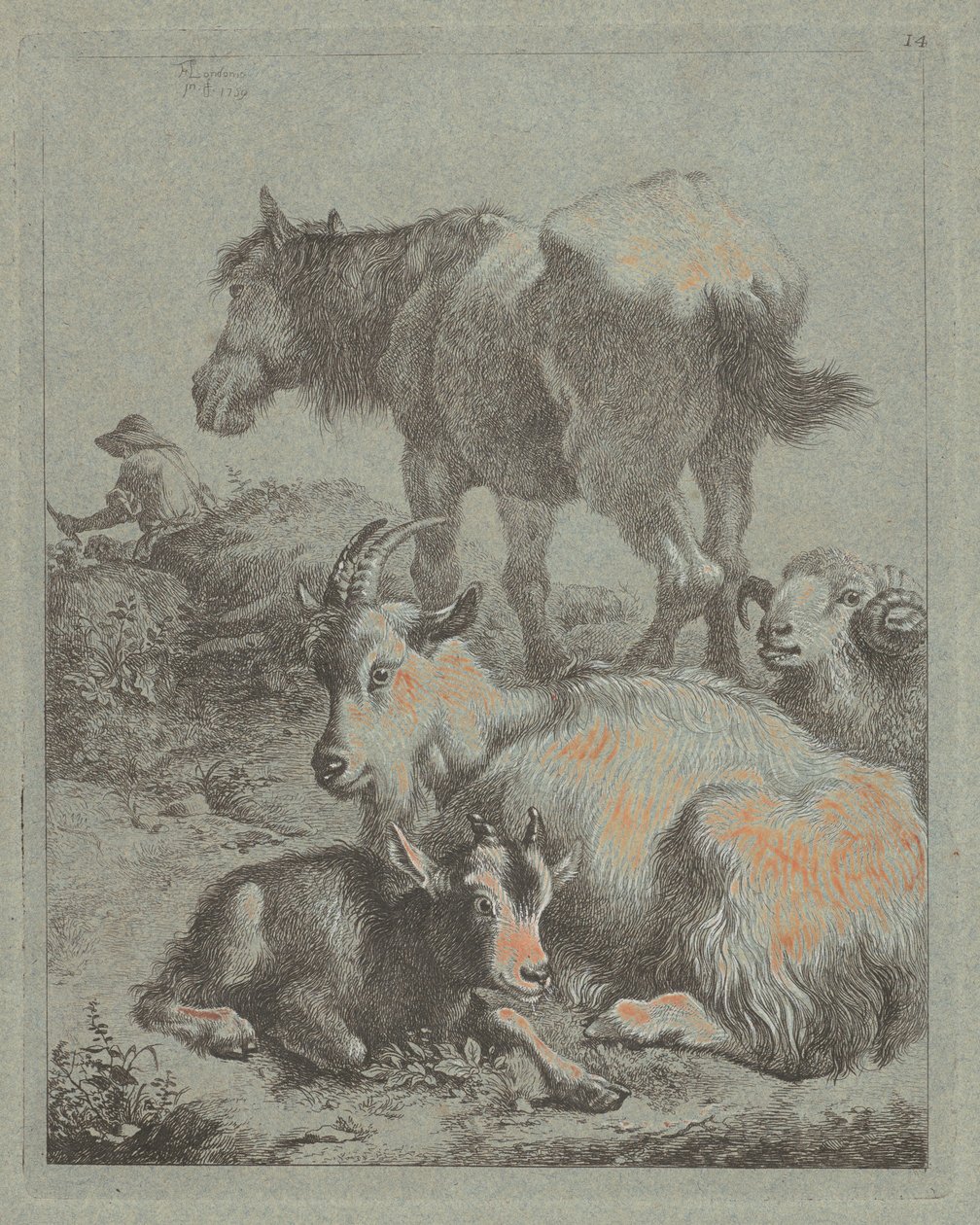 Hest, vær, geit med kid, i det fjerne en hyrde med flokk, 1759. av Francesco Londonio
