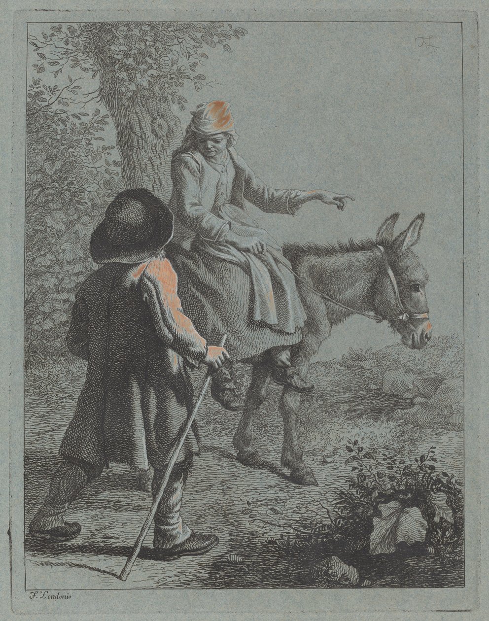 Bondekvinne sitter på et esel og en bondemann av Francesco Londonio