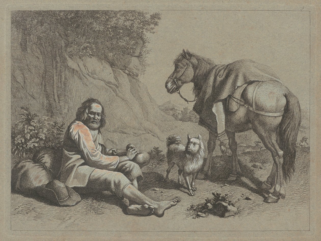 Sittende gammel mann i ferd med å drikke av en kalebass, ca. 1763. av Francesco Londonio