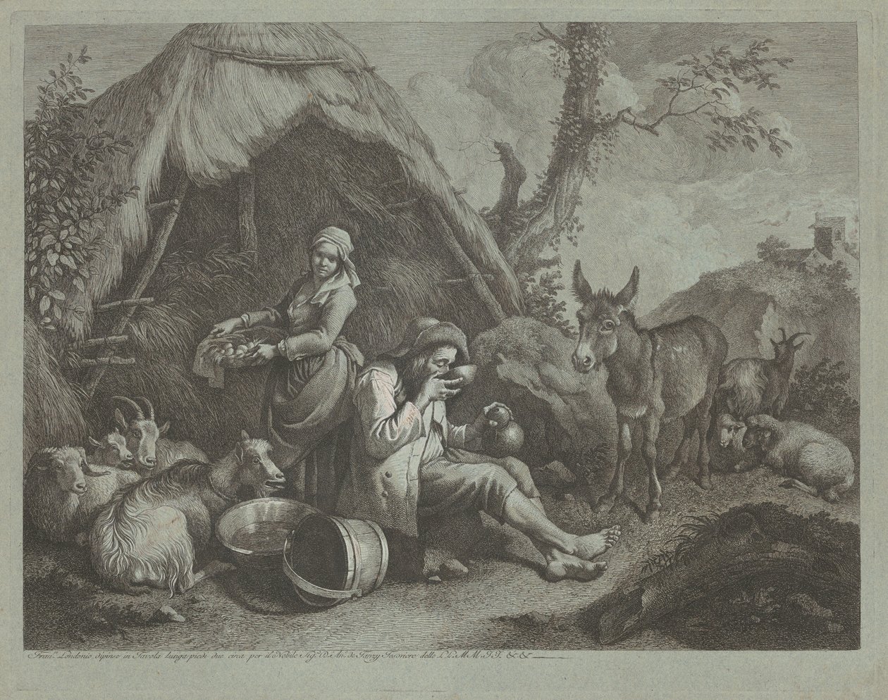 Sittende gammel mann og kvinne med en kurv med egg, 17591782. av Francesco Londonio