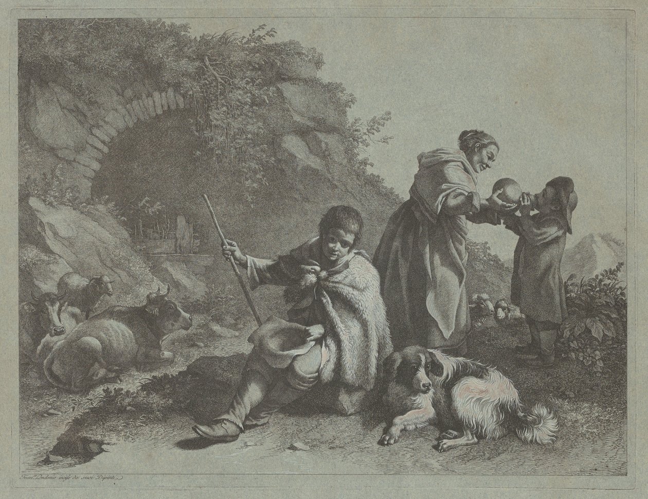 Sittende gjetergutt og kvinne som gir en drink til et barn, 17591782. av Francesco Londonio
