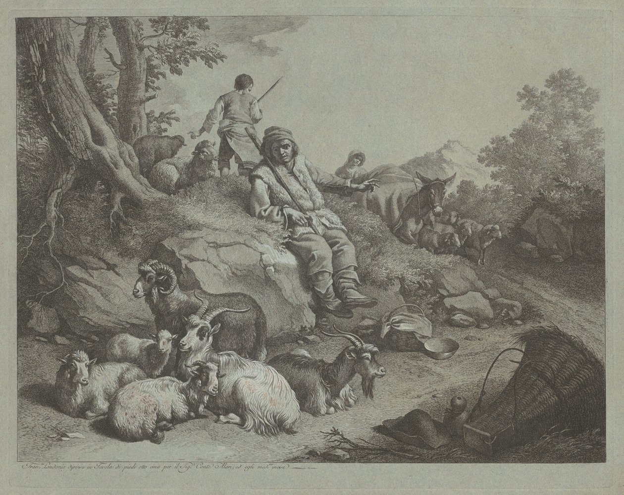 Sittende hyrde foran en flokk geiter, etter 1766. av Francesco Londonio