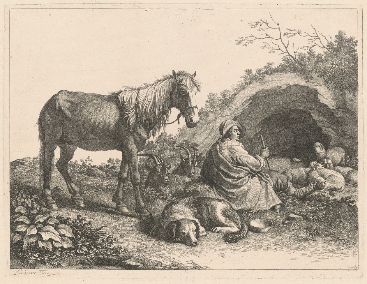 Sittende gjeter med hest, hund, geiter og sauer, etter 1776. av Francesco Londonio