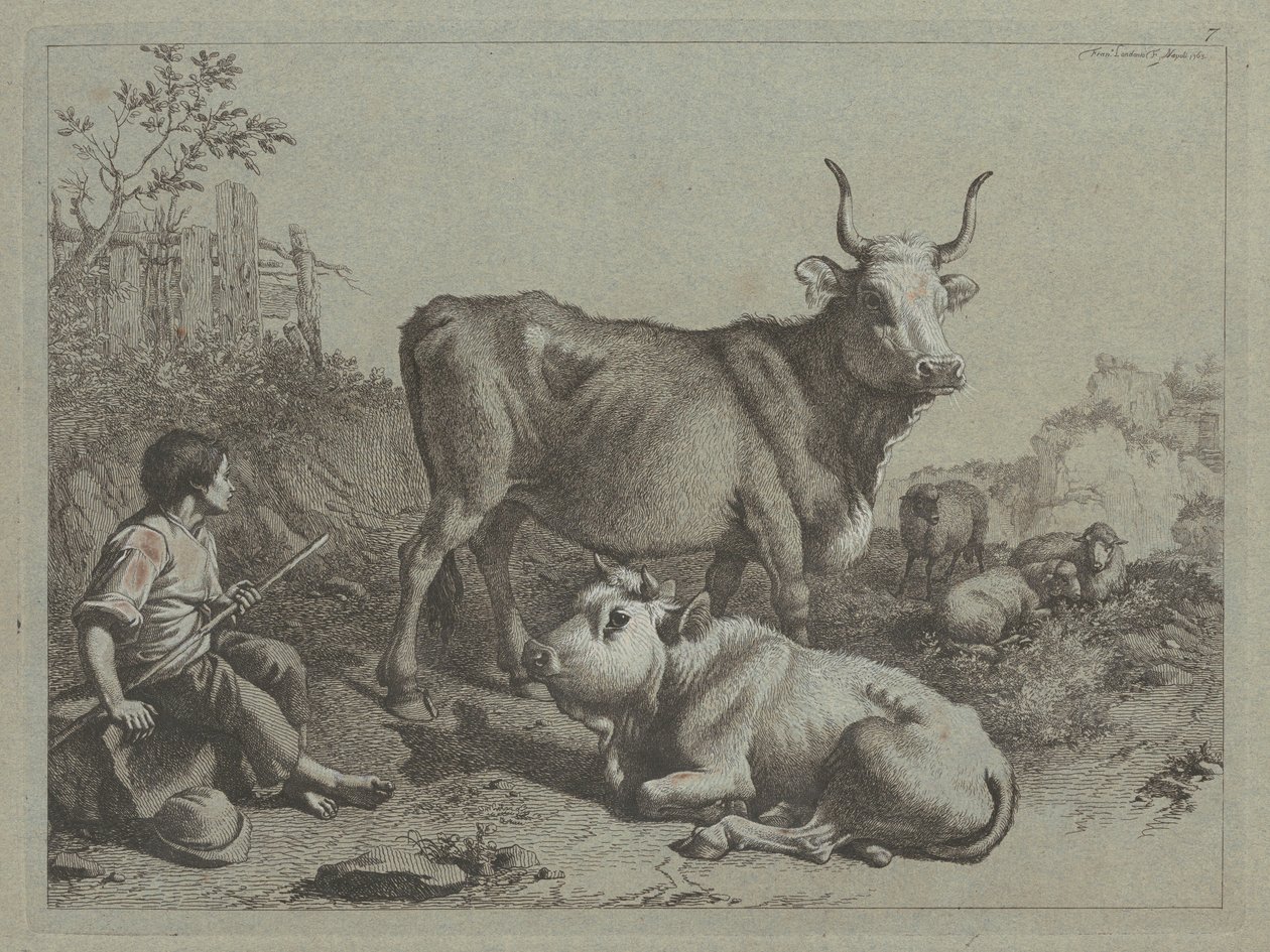 Sittende hyrde med okse og okse, 1763. av Francesco Londonio