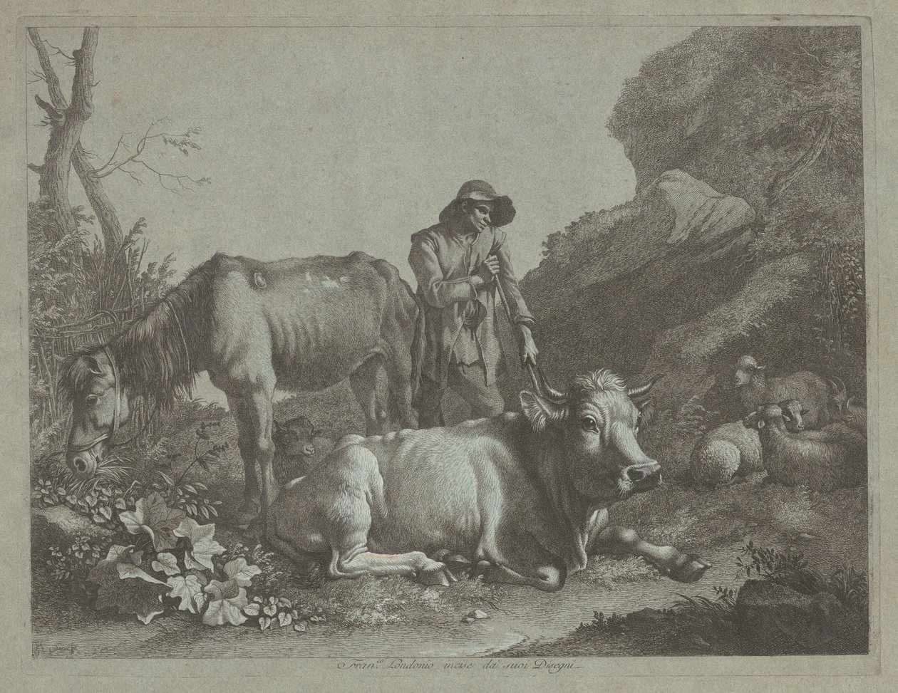 Hyrde hviler på en spaserstokk med en gammel hest og en liggende okse, etter 1767. av Francesco Londonio
