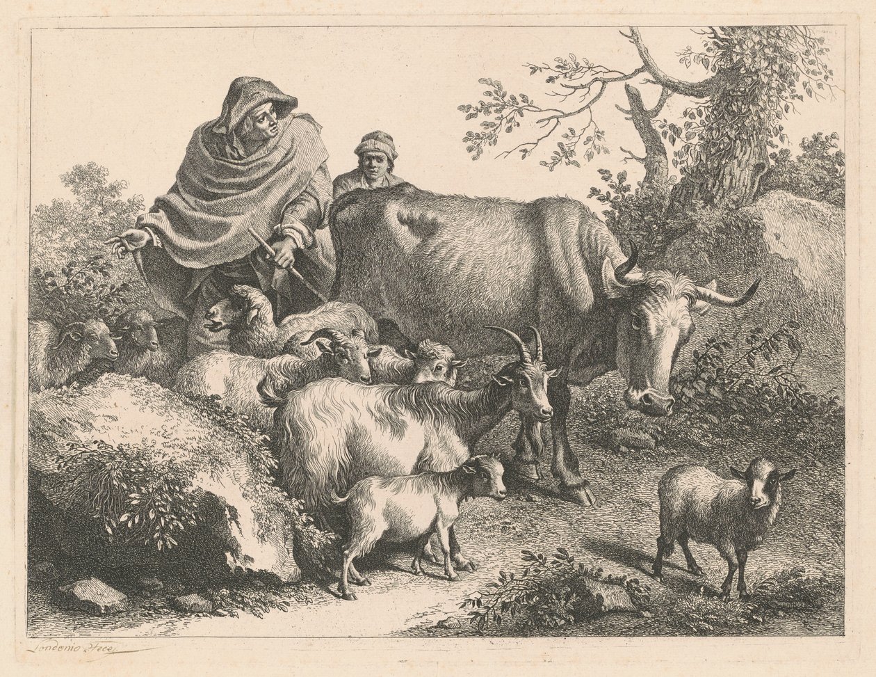 Gjeter som bærer en kappe som driver en flokk, etter 1776. av Francesco Londonio