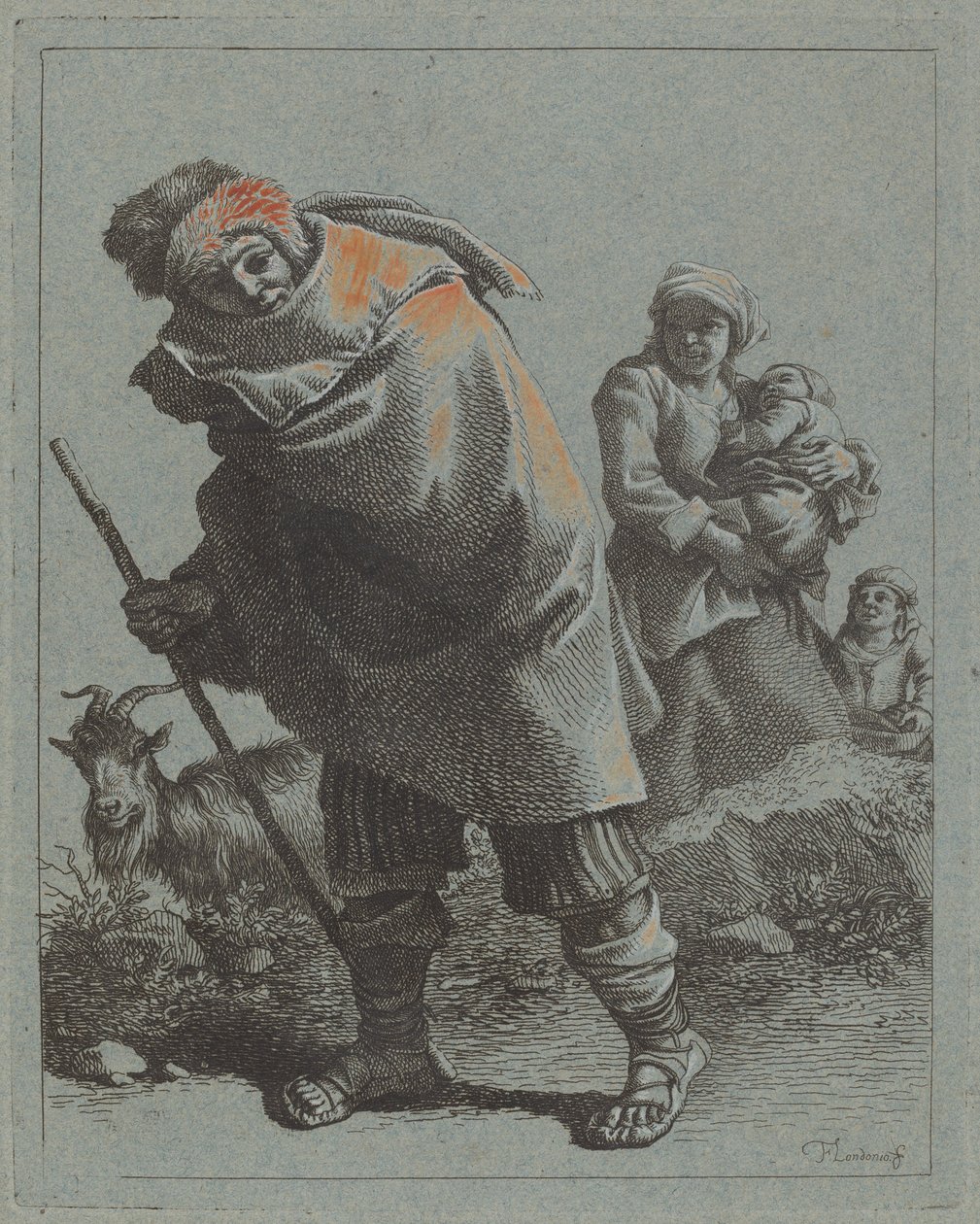 Hyrde med spaserstokk og en bondekvinne med barn, 17581759. av Francesco Londonio