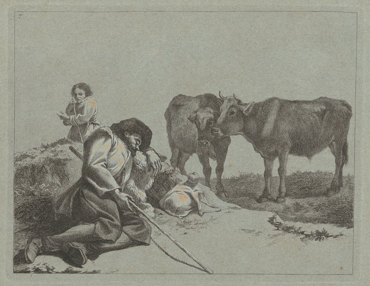 Sovende hyrde, to kalver og en bondekvinne, 17621763. av Francesco Londonio
