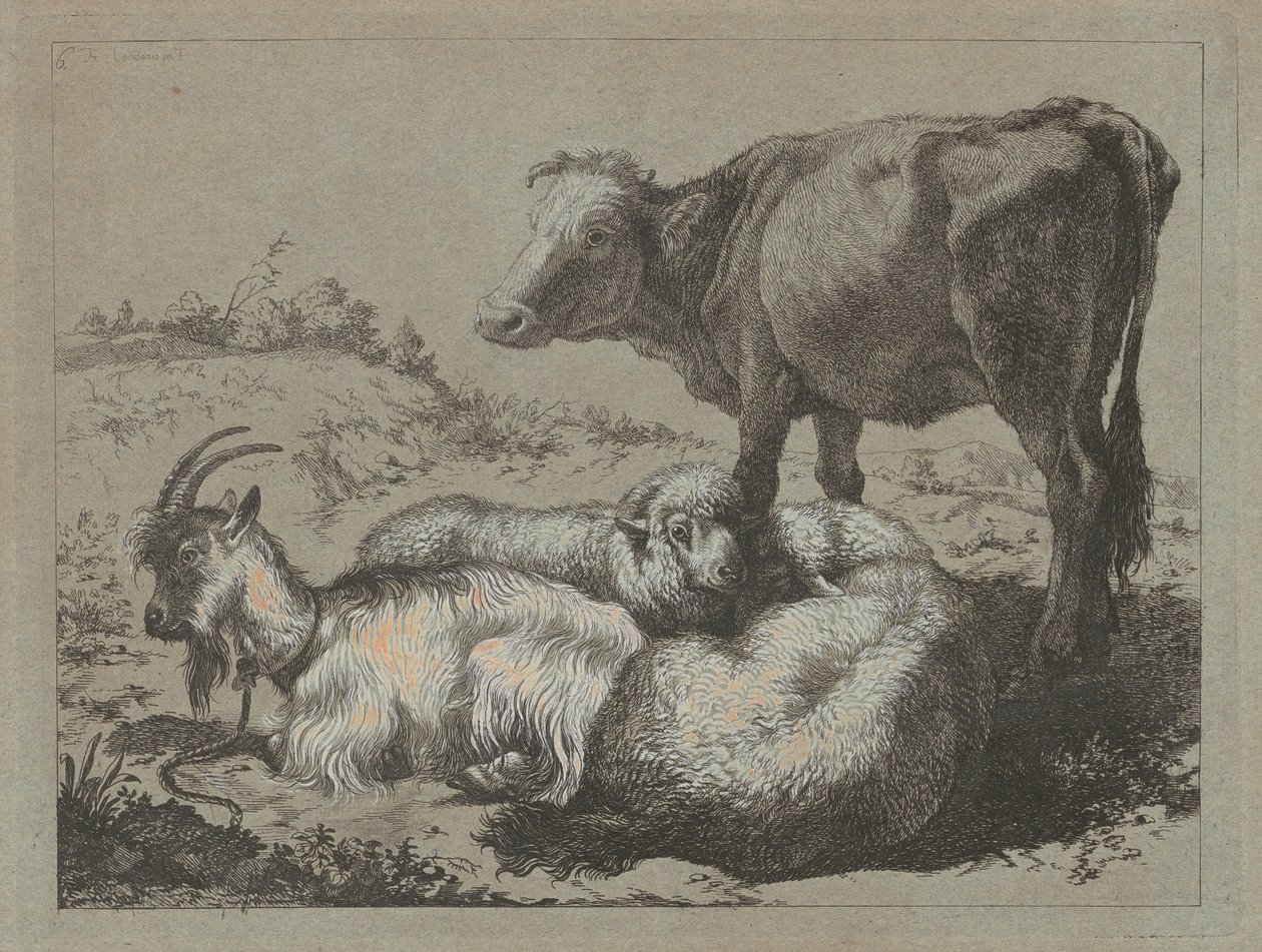 Stående okse, to sauer og en geit, ca. 1762. av Francesco Londonio
