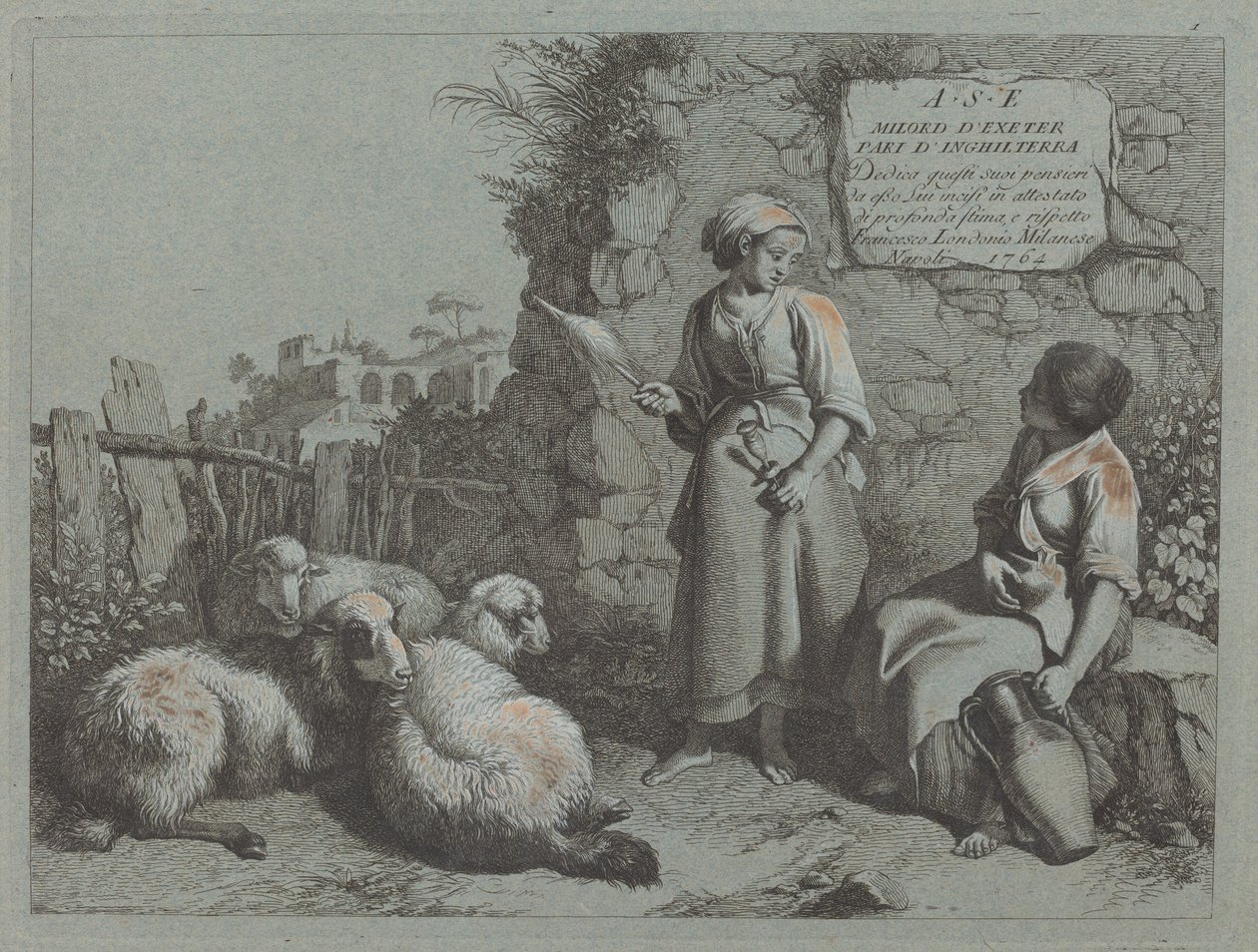 Two Girls Conversing: One Standing and Spinning, 1764. av Francesco Londonio