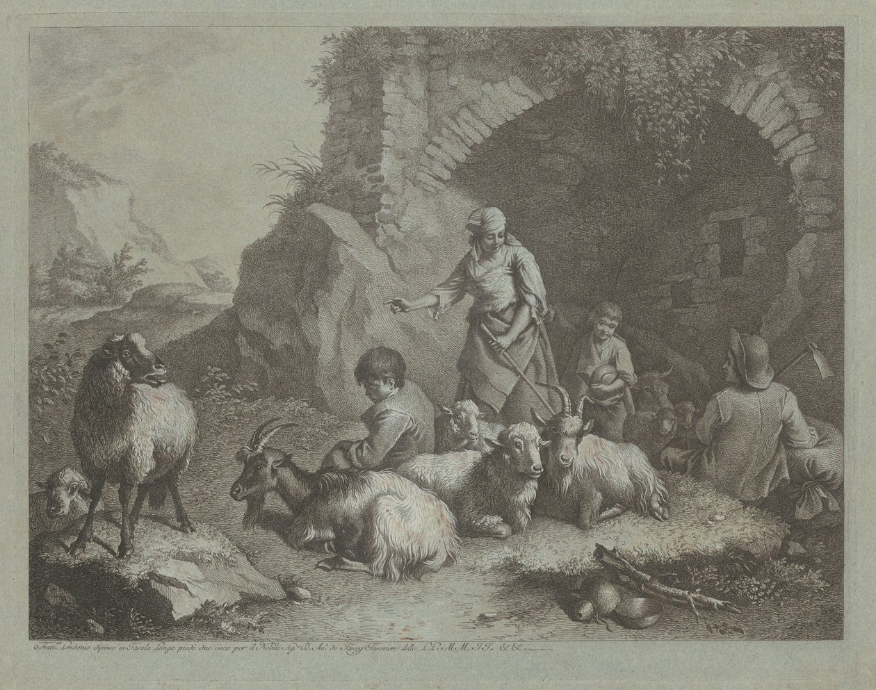 Kvinne, gjetergutter og sauer nær en bue, 17591782. av Francesco Londonio