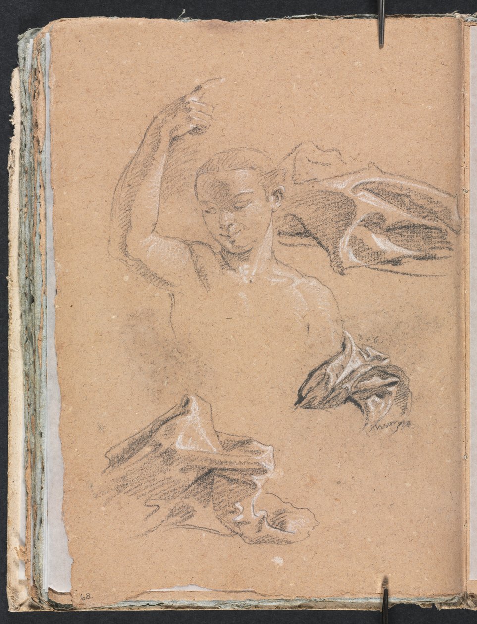 Verona Skissebok: Figur med løftet høyre arm og draperistudier side 68, 1760. av Francesco Lorenzi