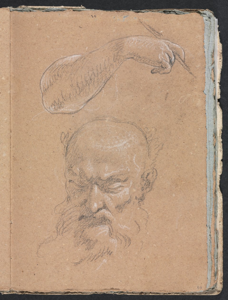 Verona Sketchbook: Hodet til en skjeggete mann og høyre arm og hånd (side 59) av Francesco Lorenzi